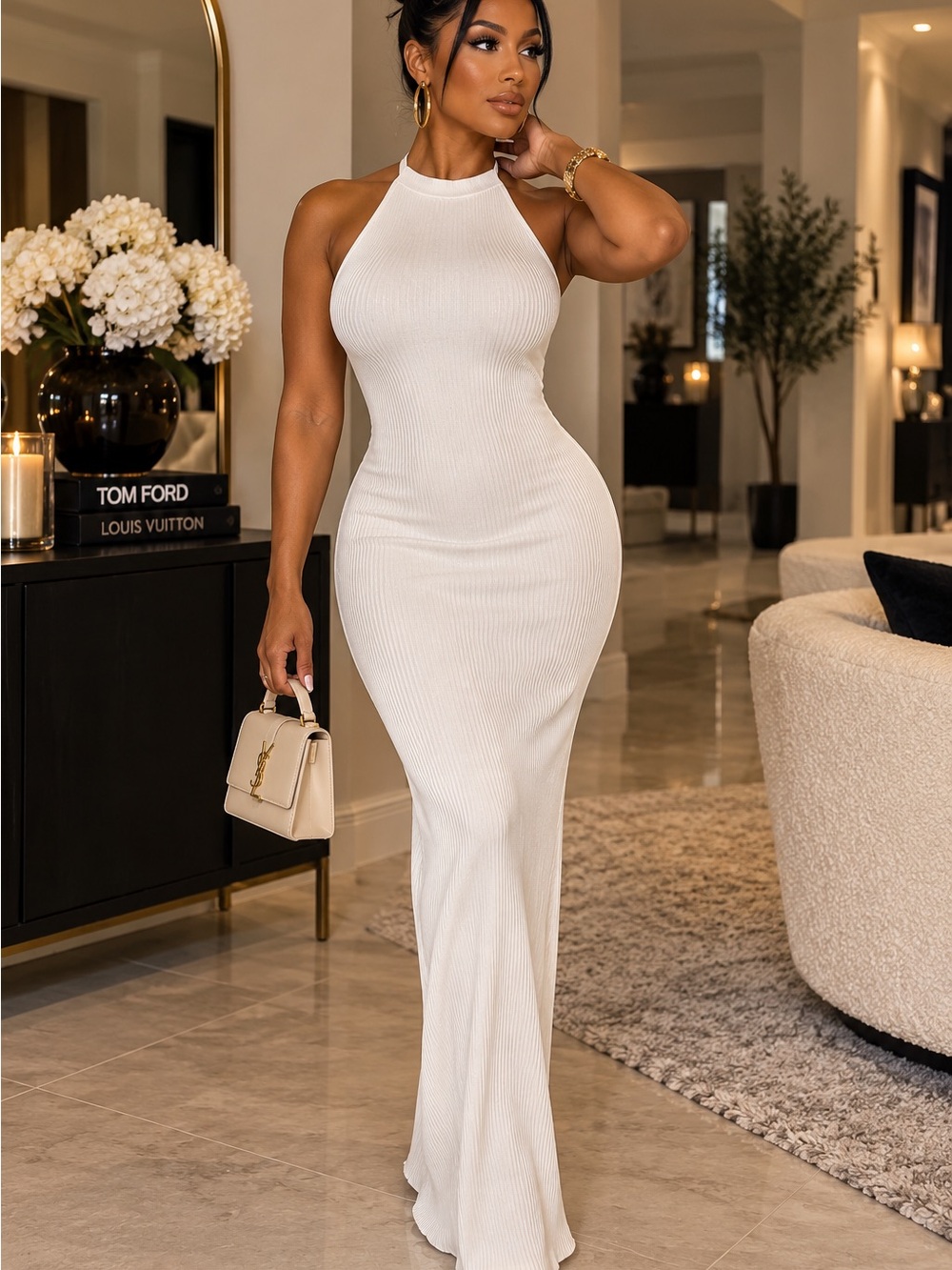 Zara White Halter Ribbed Maxi Dress